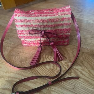 Patricia Nash Pink/Tan Crossbody Bag, Ebbe Woven Straw Collection with Leather